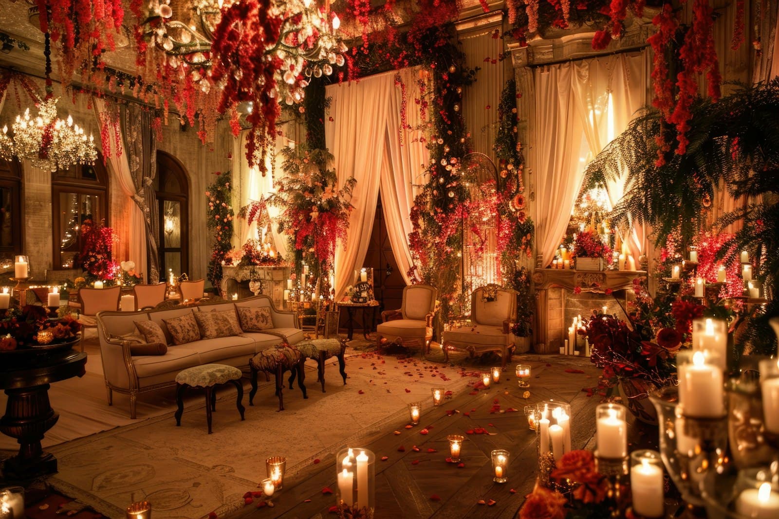 Candle-lit lounge with blush drapes, hanging florals and velvet sofas